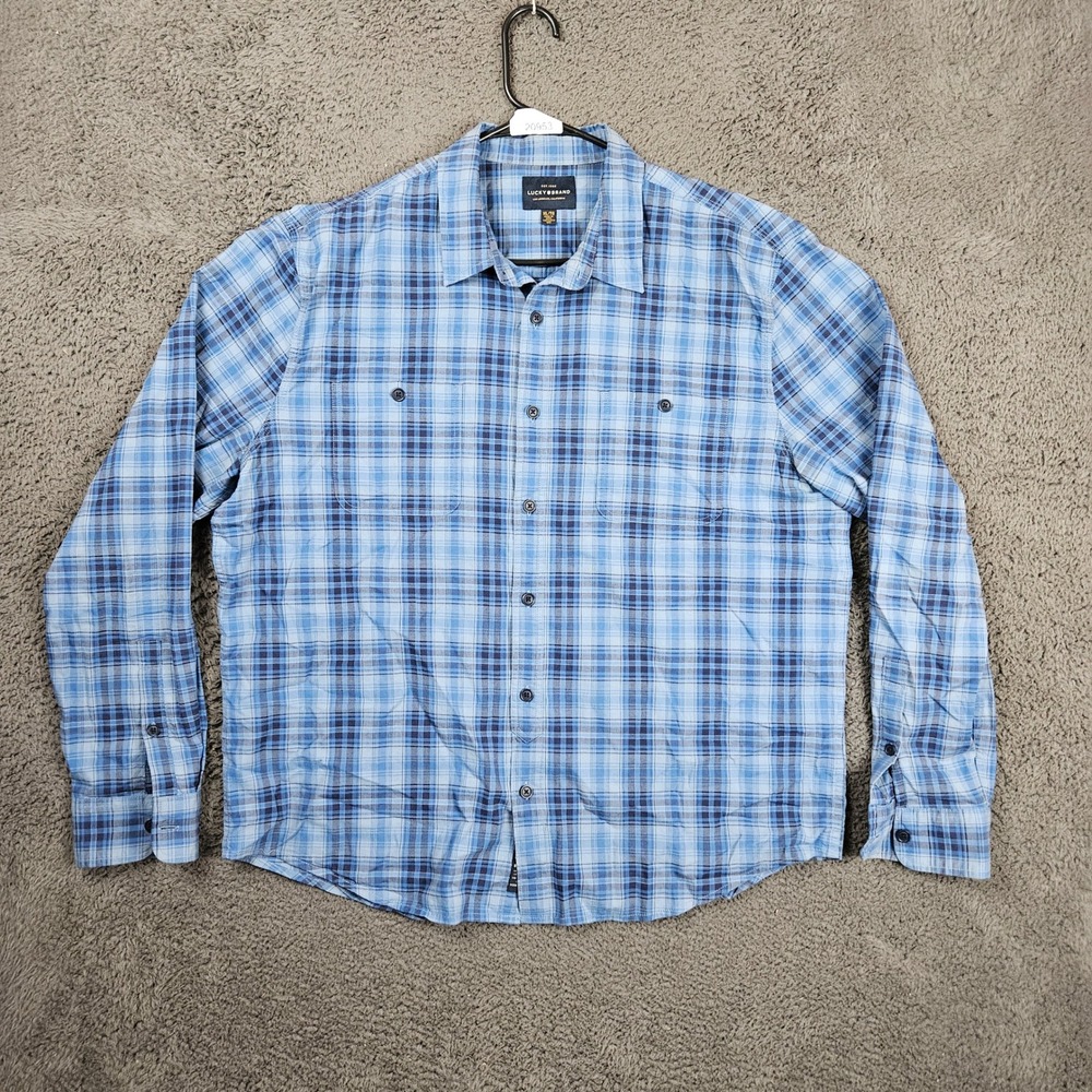 Lucky Brand Mens XL Blue Plaid Long‎ Sleeve Button Down Shirt Two Pocket Cotton